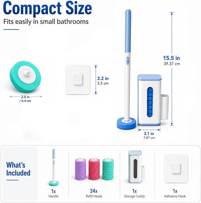 Disposable Toilet Brush, Wall Mount Holder Set with 24 Refill Brush Heads | Hands Free Toilet Brush, One-Button Release, Compact Design, Disposable Toilet Set, RV Bathroom Accessories, 3 Mixed Scent