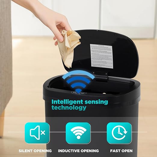 PayLessHere | 13 Gallon Plastic Trash Can | Black | Pack of 1 | Automatic Touchless Lid with Motion Sensor | Kitchen Garbage Can with Waterproof Design | for Home, Office, Bathroom