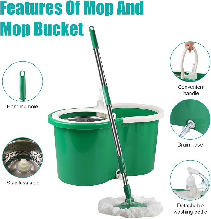 Spin Mop and Bucket with Wringer Set, 3 Microfiber Mop Heads, 61" Handle | 360° Spinning Mop System with Stainless Steel Adjustable Handle & 3 Microfiber Replacement Heads for Floor Cleaning