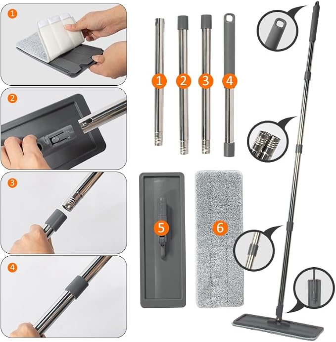 360° Microfiber Flat Mop with Hands-Free Self-Cleaning Bucket, Wash & Dry Dual Chamber System, Adjustable Handle, Includes 2 Microfiber Mop Pads, Wet & Dry Floor Cleaning - (LV-F02)