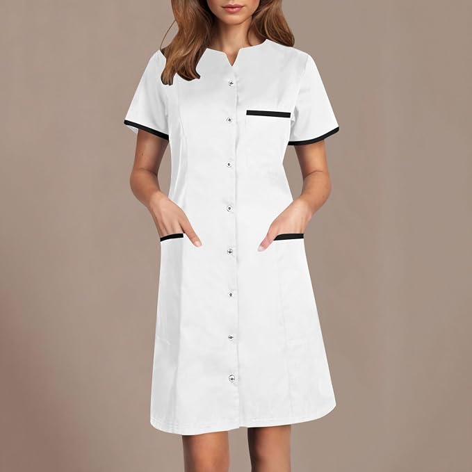 Scrubs Dress for Women - Button Front Nursing Workwear - Casual Housekeeping Dresses with Pockets