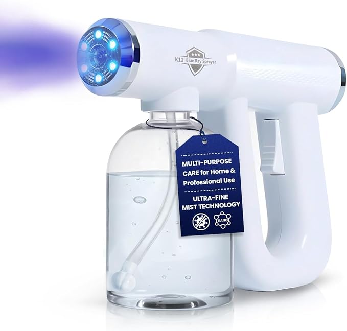 Nano Spray Gun, Cordless Atomizer Sprayer and Fogger Applicator, White | Sanitizer Mister with Blue Light, 320ml Tank for Disinfectant Liquids, 3 Meter Reach, USB-C Rechargeable, 1 Year Warranty