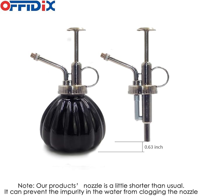 OFFIDIX Plant Mister Flower Watering Can, 6.3" Tall Vintage Pumpkin Style Black Color Glass Spray Bottle & Bronze Plastic Top Pump Ideal for Watering Small Plants Inside Home or Office