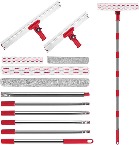 86.6" Window Squeegee Kit, 6‑Section Adjustable Long Handle Window Cleaner with 16" & 12" Rubber‑Blade Squeegee Heads, for Shower Glass Doors, Windshield & Home Glass, Includes 4 Microfiber Pads