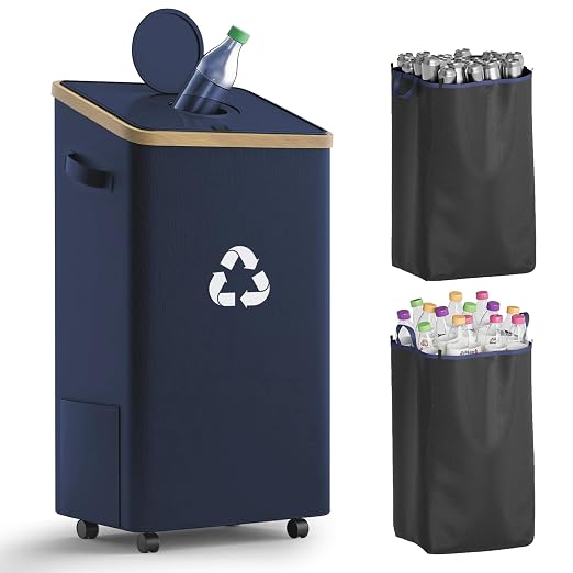 26-Gallon Kitchen Recycling Bin with Lid, Locking Wheels, Dark Blue | 100L capacity, two reusable inner bags, sorting stickers for bottles, cans, glass and plastic