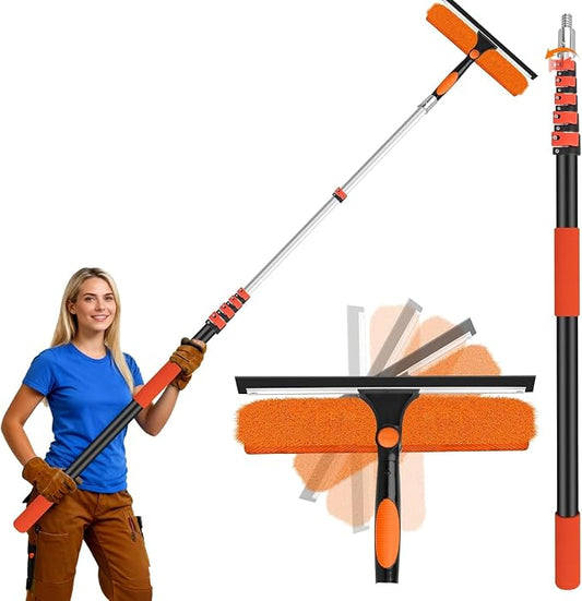 14" Extra-Wide Window Squeegee with 5-24FT Extension Pole | 30FT High Reach Window Cleaning Kit with- 2-in-1 Professional Window Scrubber, for Indoor & Outdoor High Windows,RVs