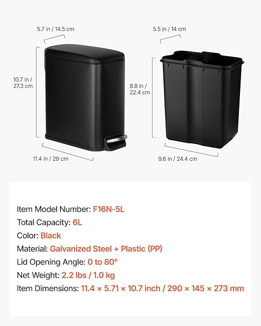 VEVOR Slim Bathroom Trash Can, 11.4 x 5.71 x 10.7 Inch Small Bedroom Trashcan with Step Pedal & Soft Close Lid, 6L Steel Garbage Can with Detachable Inner Bin, for Kitchen, Home, Dorm, Office, Black