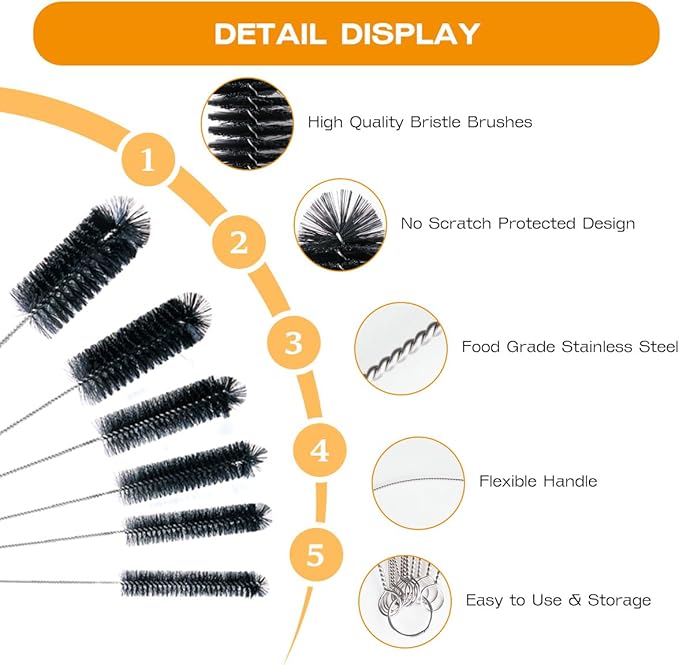 Brush Family Straw Cleaner Brush Set 6 Pieces | 12" Long Pipe Tube Bottle Brushes for Cleaning Narrow Neck Bottles,Coffee Maker,Glass Cups