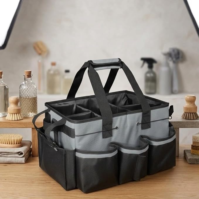 Large Cleaning Caddy Bag with Removable Divider - 600D Oxford Storage Organizer for Supplies, Tools, Spray Bottles - Portable Tote for Housekeeping, Gardening, Car Trunk - Black 14x10x9 Inch(Dark Gray)