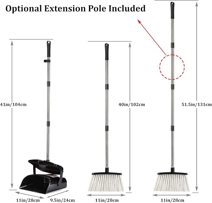Broom and Dustpan Set 52-in Long Adjustable Handle Broom Dustpan Combo | Upright Dustpan with Teeth to Automatically Clean Hair, Dust Pan with Lid, Suitable for Home Kitchen Office Hall Floor