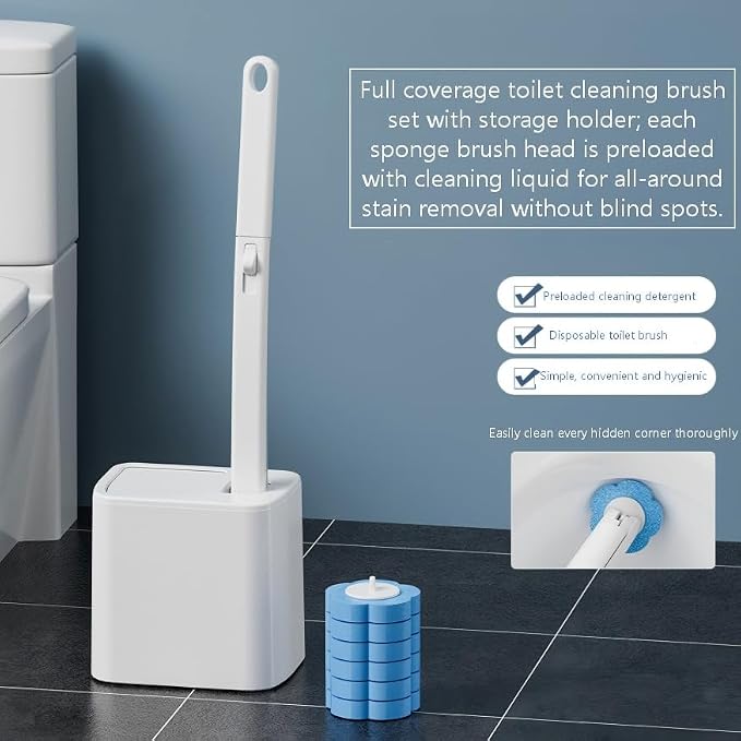 Disposable Toilet Brush with Holder, Wall Mounted Hygienic Cleaner | Auto Open Lid, Preloaded Cleaning Liquid, Sponge Brush Heads, Dust-Proof Storage, Touch-Free Access