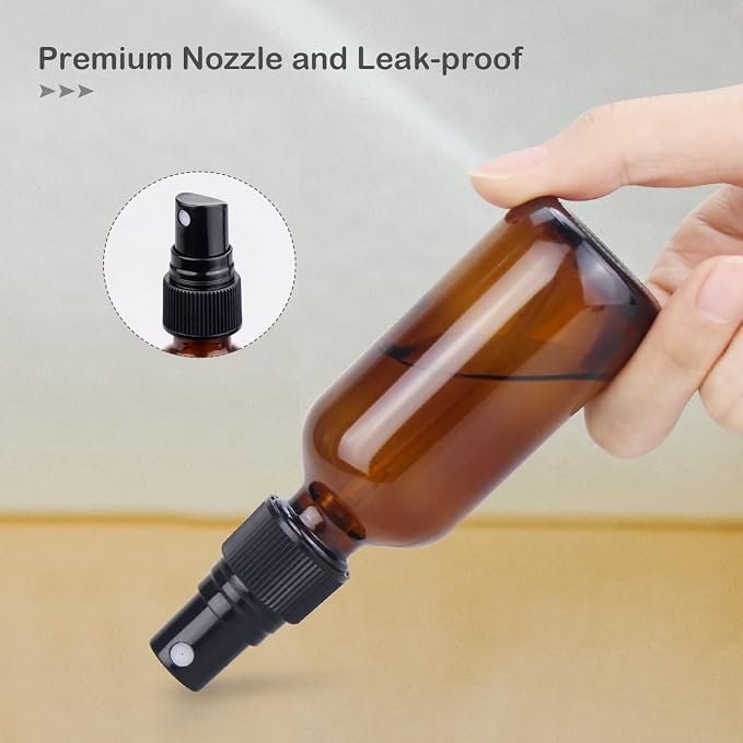 2 oz Mini Glass Spray Bottles, Empty Small Spray Bottles with Funnel Dropper, Fine Mist for Hair, Travel, Plants, Cleaning Solutions and Skin Care (4 Pack Amber)