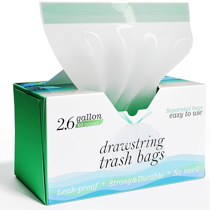 2.6 Gallon Drawstring Trash Bags - 0.43 Mil Strong - Small Garbage Bags - for Office Bathroom Kitchen - Individual, Unscented, White, 17" x 17", 60 Count