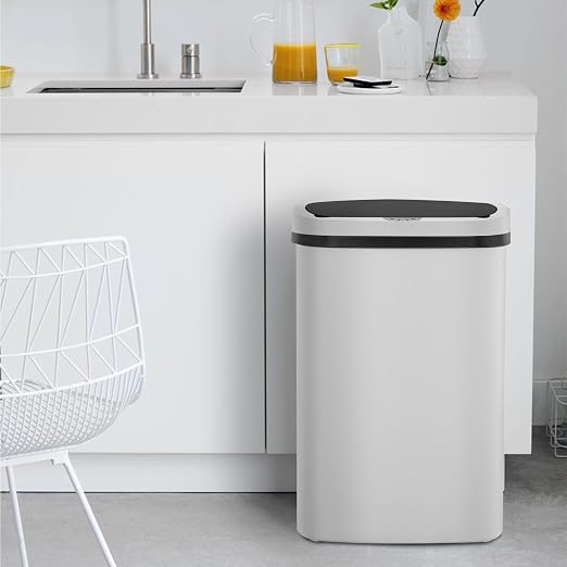 BestOffice Kitchen Trash Can Broken-Resistant Plastic Touch Free High-Capacity Garbage Can with Lid for Bedroom Bathroom Home Office 50 Liter 13 Gallon Garbage Can Automatic Waste Can (White)