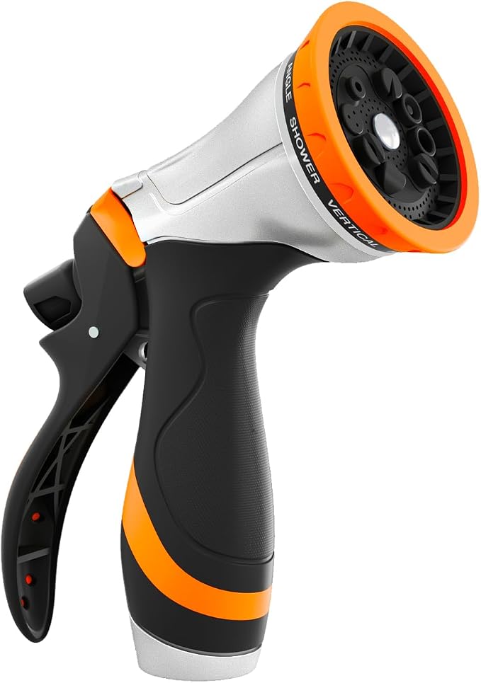 QUOBAS Metal Garden Hose Nozzle, Heavy Duty Water Hose Sprayer, Leak Proof | 10 Pattern Water Nozzle with Rubber Gasket, Garden Sprayer for Watering Plants, Washing Cars, Pet Shower, Orange