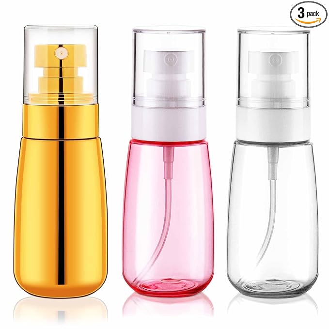 Travel Spray Bottle 3 Pack 2oz 60ml Gold+Pink+Clear | Leak Proof, TSA Approved, Fine Mist, Empty Plastic Refillable Containers, For Hair Perfume Toners Rose Water Cosmetics
