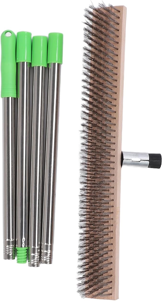 Heavy Duty Deck Scrub Brush with Long Handle, Stainless Steel Wire Stiff Outdoor Indoor Floor Brush for Powerful Cleaning, Concrete, Moss, Grout, Tile, Garage, Garden