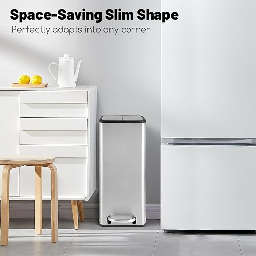 Goplus 12 Gallon Stainless Steel Trash Can, Kitchen Waste Bin with Soft-Closing Wing Lids & Removable Inner Bucket, Slim Step Garbage Can for Living Room Home Office, Silver