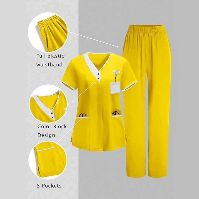 2026 Housekeeping Uniform Cleaning Uniforms - Button V Neck Top & Pants with Multi Pockets - Scrubs for Women