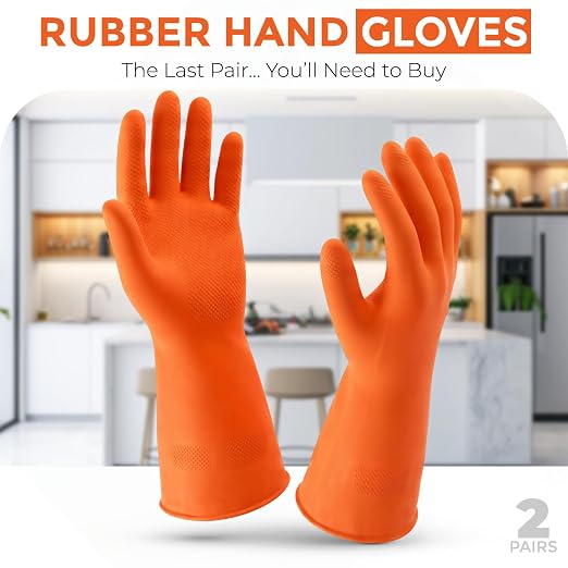 LADWA 2 Pairs Non-Slip Household Cleaning Reusable Dishwashing Gloves for Kitchen Washing Dishes Bathroom Gardening & Home Tasks Flexible Long-lasting Waterproof Gloves Perfect for Woman Men (Orange)