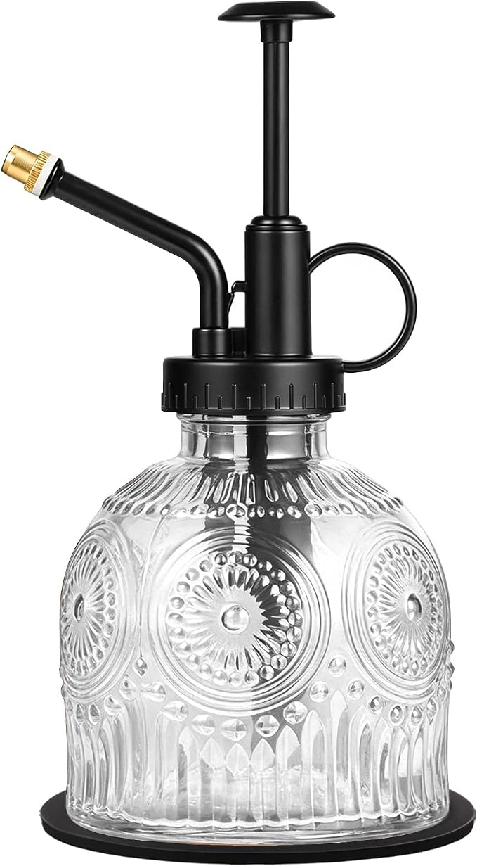 Glass Plant Mister Spray Bottle Vintage Refill Leak Proof Watering Can 8oz | for Indoor Plants, Houseplants, Gardening, Cleaning, Hair & Pet Care with Mist Nozzle (Clear-black Pump)