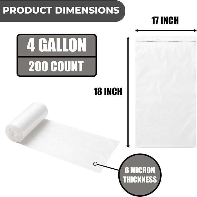 4 Gallon Clear Trash Bags, 200 Count, 6 Micron Wastebasket Liners | Lightweight 6-Micron Wastebasket Bags for Bathrooms, Bedrooms, Offices, and Everyday Trash