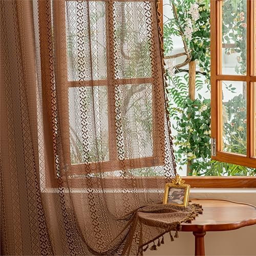 Sutuo Home Dark Coffee Lace Boho Curtains for Kitchen Nursery, Crochet Semi Sheer Macrame Bohemian Cottage Farmhouse Fringes Vintage Chic Window Treatment Drapes, Rod Pocket 1 Panel 59" W x 63" L