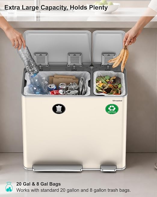 Dual Trash and Recycling Bins for Kitchen, 19+8 Gallon (72+30L) Stainless Steel Trash and Recycle Bin Combo with Soft-Close Lid, Large Garbage Cans for Kitchen Home with 2 Magnets Sticker, Apricot