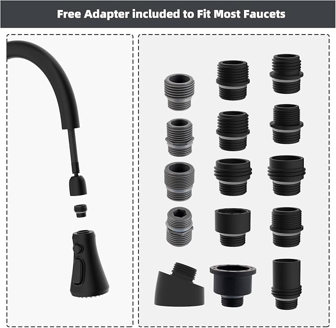 Hibbent Pull Down Spray Head for Kitchen Faucet, 3-Function Sink Nozzle | NSF/ANSI/CAN 61/372 & cUPC Certified Faucet Head Replacement, 15 Adapters, Compatible with Moen, Delta, Kohler, Matte Black