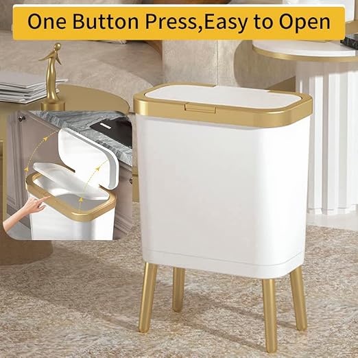 Procade 4 Gallon Bathroom Trash Can with Lid,Slim White and Gold Trash Bin | Bedroom Garbage can with Legs,Plastic Dog Proof Wastebaskets, Room Decor Bin for Kitchen,Office,Dorm,Laundry,Restroom,Rv