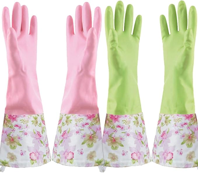 Rubber Latex Waterproof Dishwashing Gloves,Long Cuff and Flock Lining Household Cleaning Gloves 2 Pair