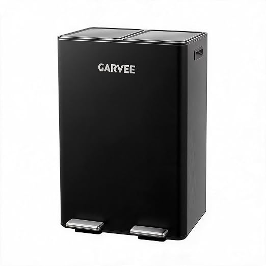 Garvee 16 gal Dual Compartment Stainless Steel Trash Can with Inner Buckets | Step Pedal Trash Can, Heavy Duty Recycling Bin with Lid & Step Pedal, for Kitchen, Office, Home, Commercial Use，Black