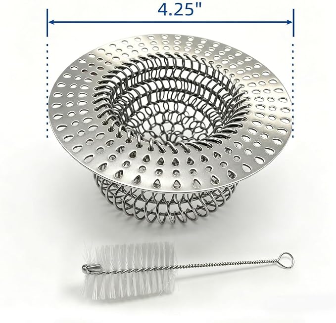 MAISHI 304 Stainless Steel Kitchen Sink Drain Strainer with Cleaning Brush, Flexible Mesh Sink Plug & Self-Cleaning Drain Basket, Reversible Anti-Clogging Kitchen Strainer for Sink (4.25 Inch)