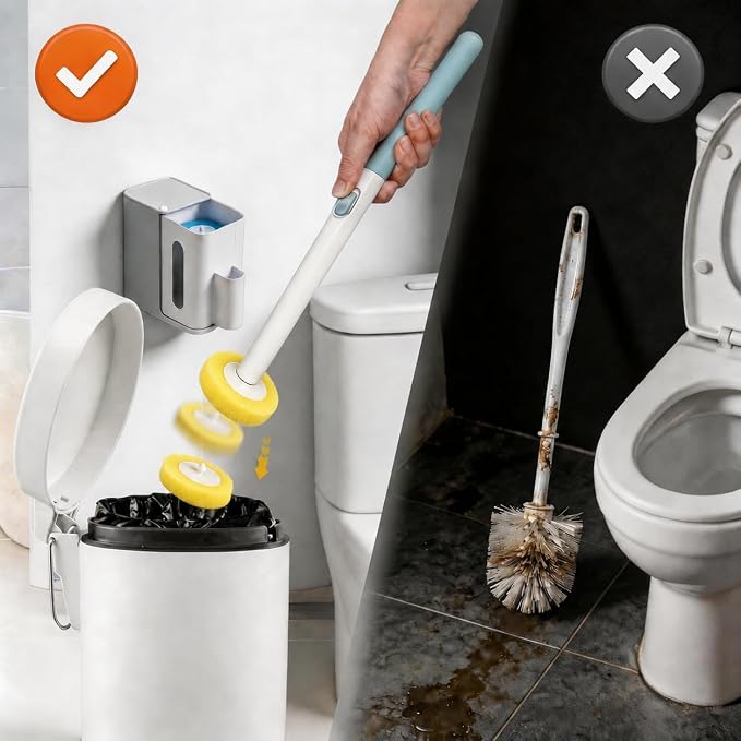 Disposable Toilet Bowl Cleaner Wand and Holder Set, Wall-Mounted | Hands Free Toilet Scrubber Wand, Bathroom Cleaning Supplies, 1 Wand and 1 Holder with 24 Yellow Refills, Light Lemon Scent