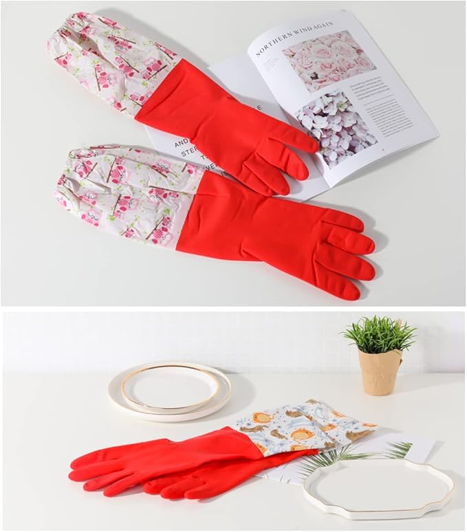 Myungjin Fleece-Lined, Flock Lining, Insulated Long Cuff, Reusable Waterproof Household Kitchen Dishwashing Non-Slip Cleaning Latex Rubber Gloves (2 Pairs)