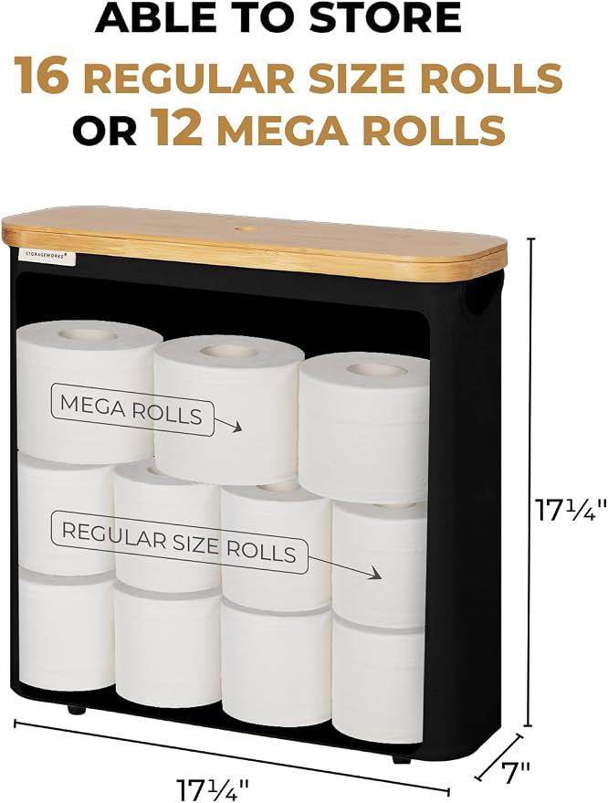 StorageWorks Toilet Paper Storage Basket with Bamboo Lid & Window | See Rolls at a Glance with Clear Window, Holds 16 Regular or 12 Mega Rolls for Bathroom Toilet Paper Storage, Black