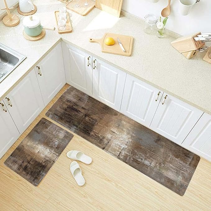 TOMWISH Brown Grey Kitchen Mat 2 Pcs Kitchen Rugs and Mats 17"X48"+17"X24" | Cushioned Kitchen Rug Non Skid Washable for Kitchen Dining Room Floor Home Office Sink Laundry Kitchen Decor and Accessories