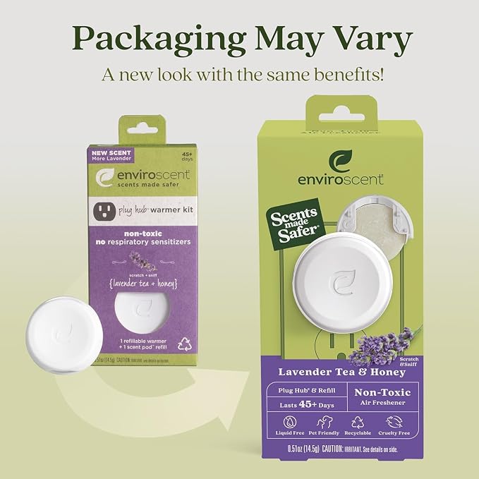 Enviroscent Non-Toxic* Air Freshener Plug-In Plug Hub® Kit for Home, 4 Pack | Non-Toxic* Air Freshener w/ Lavender Tea & Honey Scent | Fits Standard Outlets for Daily Use | Pet-Friendly w/ Paper Refill