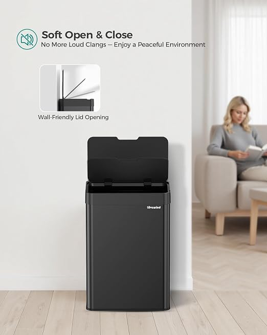 13 Gallon Automatic Kitchen Trash Can,Touchless Sensor Garbage Can,Black | Built‑in 1500mAh Rechargeable Battery,Stainless Steel Motion Sensor Trash Can, Silent Close Lid Smart Trash Bin for Home