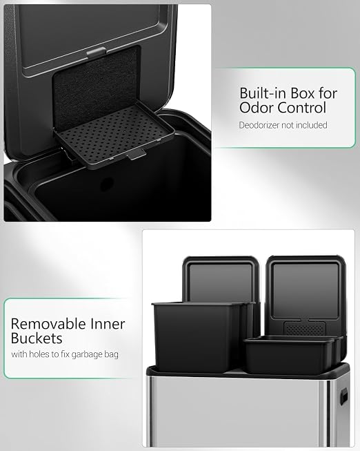 TLSUNNY 2 X 8 Gallon Double Compartments Kitchen Trash Can, Stainless Steel | Dual Trash and Recycling Bins with Odor Control, Soft-Close Lid, Removable Inner Bucket, Handle, Pedal, for Home, Silver