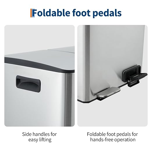 Dual Compartment Stainless Steel Kitchen Trash Can, 2 x 5.3 Gallon (20L) Removable Inner Buckets, Soft-Close Lid, Odor-Sealing, Foot Pedal, Rust-Proof & Space-Saving Waste Bin for Recycling