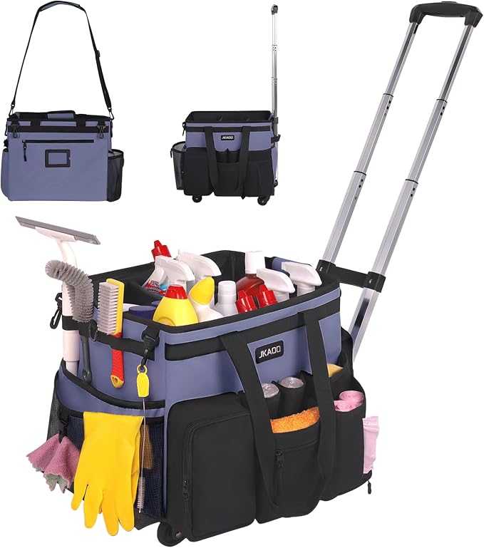 JKAOO Large Rolling Cleaning Caddy Bag with Detachable Trolley, Denim Blue | Waterproof Cleaning Caddy with Wheels, 40L Wheeled Organizer Cart for Supplies, Housekeepers, Home, Office, Car, Picnic