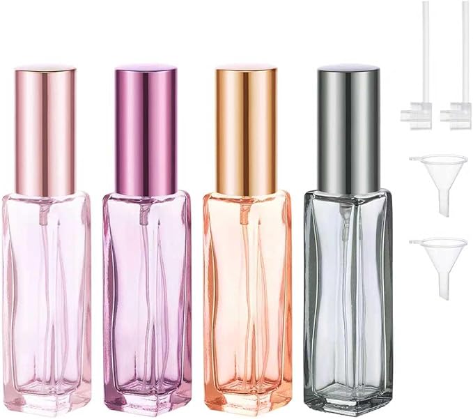 4PCS 10 ml Refillable Travel Perfume Bottle Set – Glass Perfume Atomizer and Mini Spray Bottles with Funnels, Portable Leak‑Proof Containers