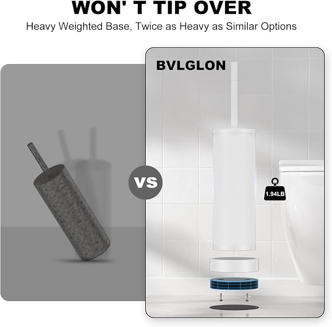 Metal Vertical Grain Toilet Bowl Brush and Holder Set Scrubber White | Extra Long Handle with Splash Guard Cover, Bathroom Space-Saving, Heavy Durable Deep Cleaning, Cleaner Sets for Apartments
