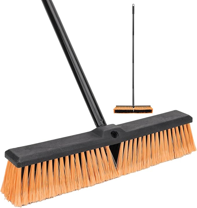 18 Inches Push Broom Outdoor- Heavy Duty Commercial Broom with 64.5" Long Handle and Stiff Bristles for Patio Garage Deck Concrete Wood Stone Tile Driveway Yard Warehouse Shop Floor Cleaning Broom