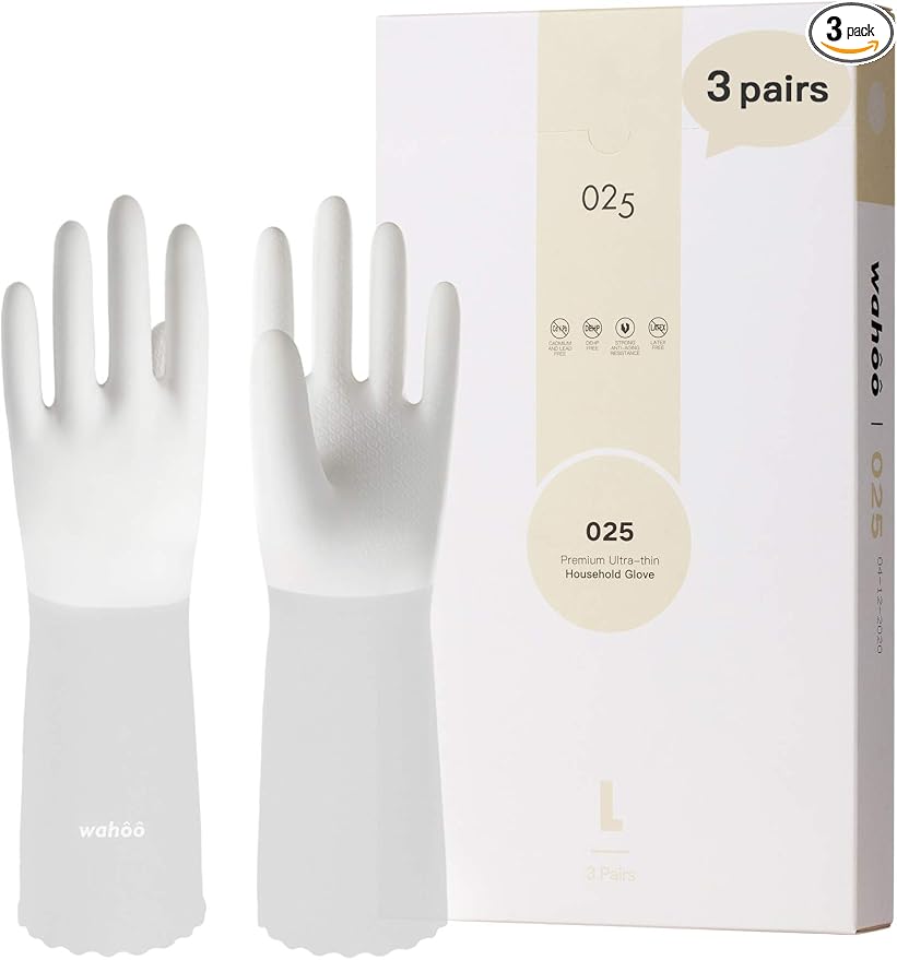 LANON 3 Pairs wahoo Cleaning Gloves, Unlined, Brilliant White, Medium | Dishwashing, Latex Free, Skin-Friendly, Dishes Washing, Reusable, DEHP-Free, Non-Slip, Household Kitchen Gloves