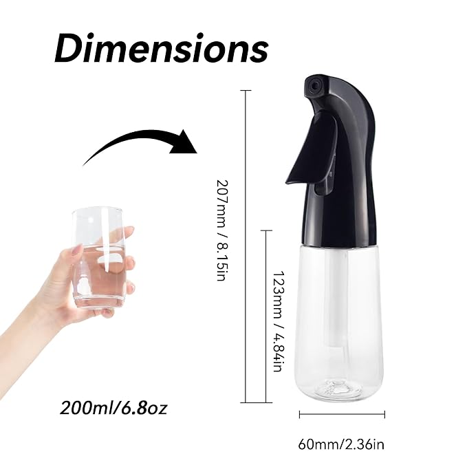 Spray Bottle for Hair (6.8OZ /200ML) Continuous Ultra Fine Mist Sprayer for Hair, Salons, Barber, Plants, Skin Care, Cleaning Black
