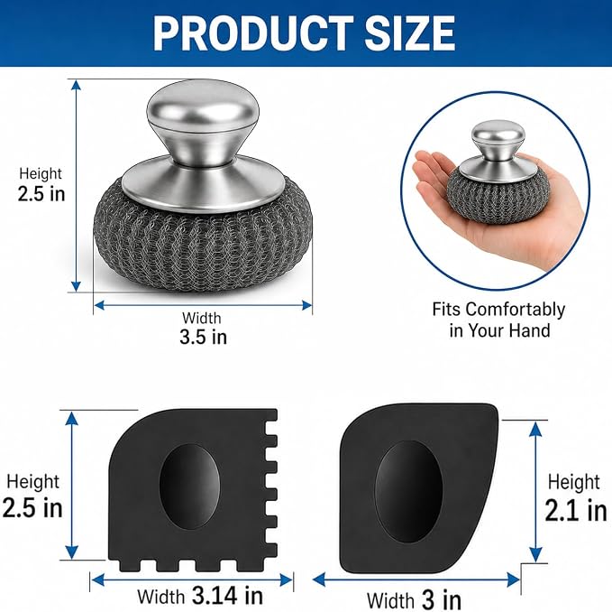 Steel Wool Scrubber with Handle & 5 Refills, 8-Piece Cast Iron Scrubber Kit with 2 Pan Scrapers, Heavy Duty Stainless Steel Scrubber for Kitchen Sink, Grill, Griddle, and Pots