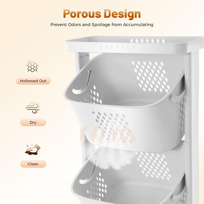3 Tiers Rolling Laundry Hamper Cart, Laundry Baskets with Wheels, Clothes Washing Storage Basket for Kitchens, Bathrooms, Bedrooms, Laundry Rooms