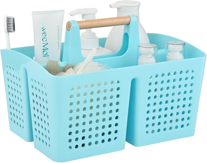 Portable Shower Caddy Basket with 3 Compartments and Handle, Light Blue | Plastic Divided Toiletry Organizer for Bathrooms, Guest Rooms, Spa Areas, Skincare, Pools, Vanities and Dorms